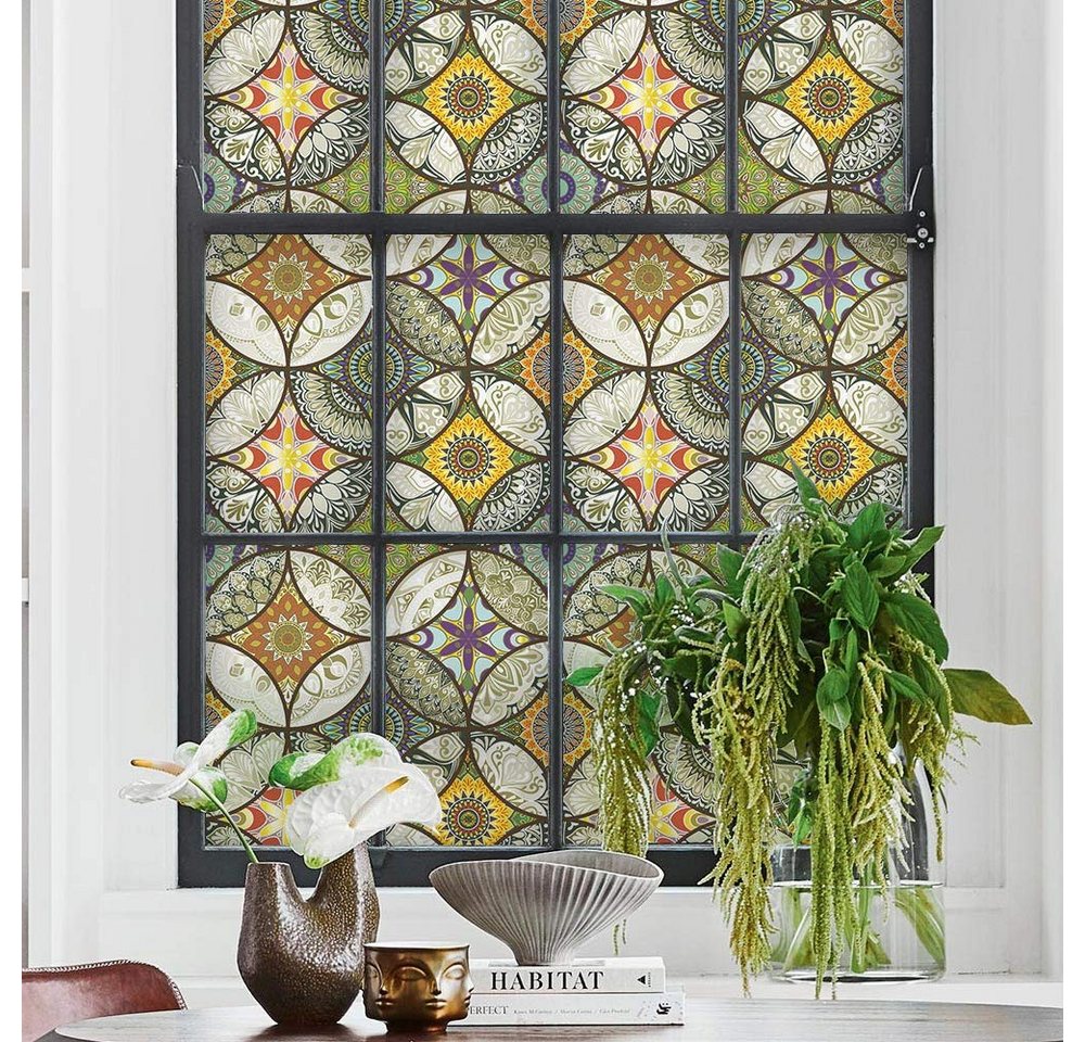Coonoor Fensterfolie Dekorfolie Glasmalerei Fensterfolie, Blickdicht Selbsthaftend, Sichtschutzfolie Fenster, statische Haftgung Bild 5