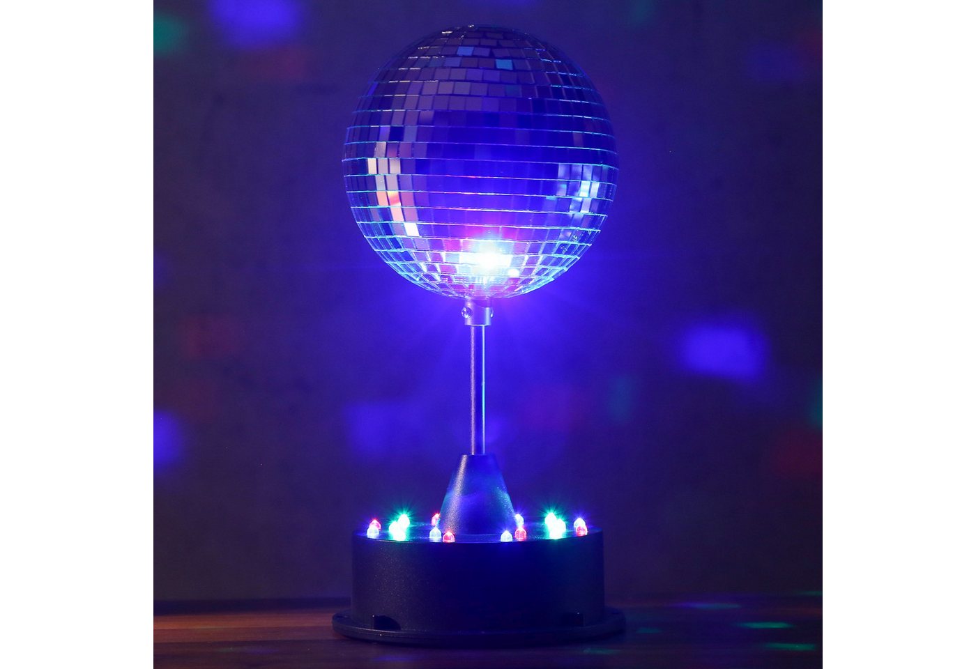 SATISFIRE Discolicht LED Spiegelkugel Discokugel 13cm Standfuß bunt Batterie USB Betrieb, LED Classic, RGB (rot, grün, blau)
