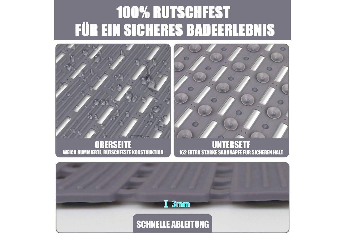 Coonoor Duschmatte Antirutsch-Badematte mit Saugnäpfen und Abflusslöchern, rutschfest und schimmelresistent Bild 4