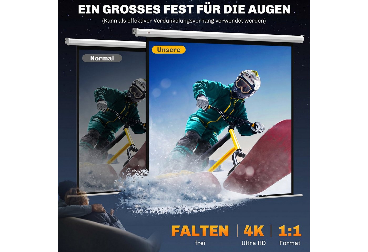 HOMCOM Leinwand 92 Zoll 1:1 HD 4K Rollo-Leinwand Projektionsleinwand, für Heimkino Büro-Präsentationen Bild 4