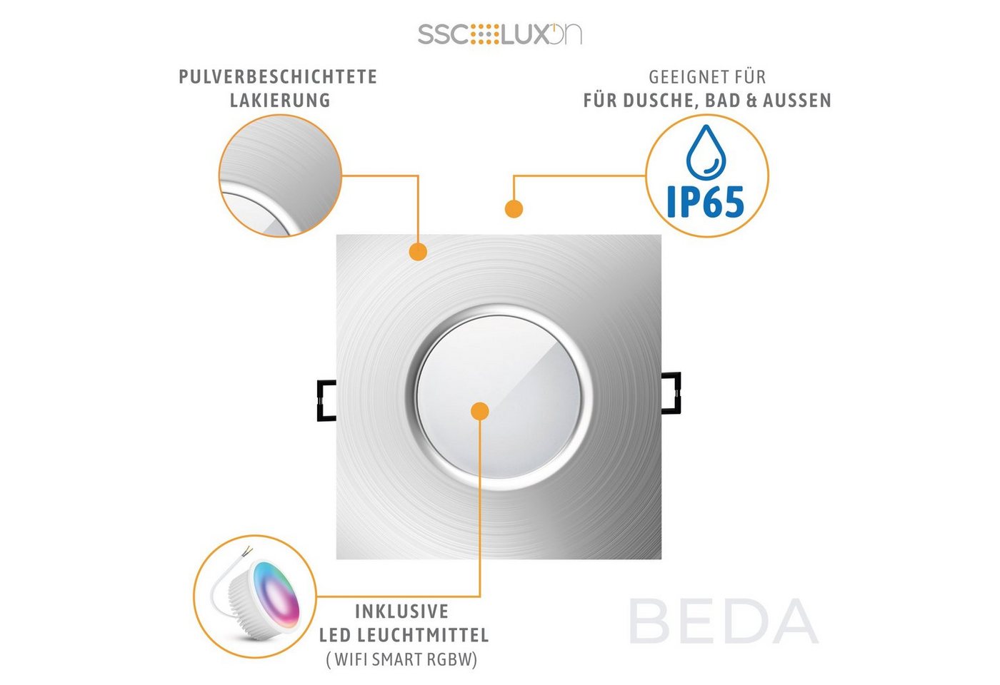 SSC-LUXon LED Außen-Deckenleuchte Einbaustrahler BEDA in silber & quadratisch IP65 LED Modul Smart 4W, Smart