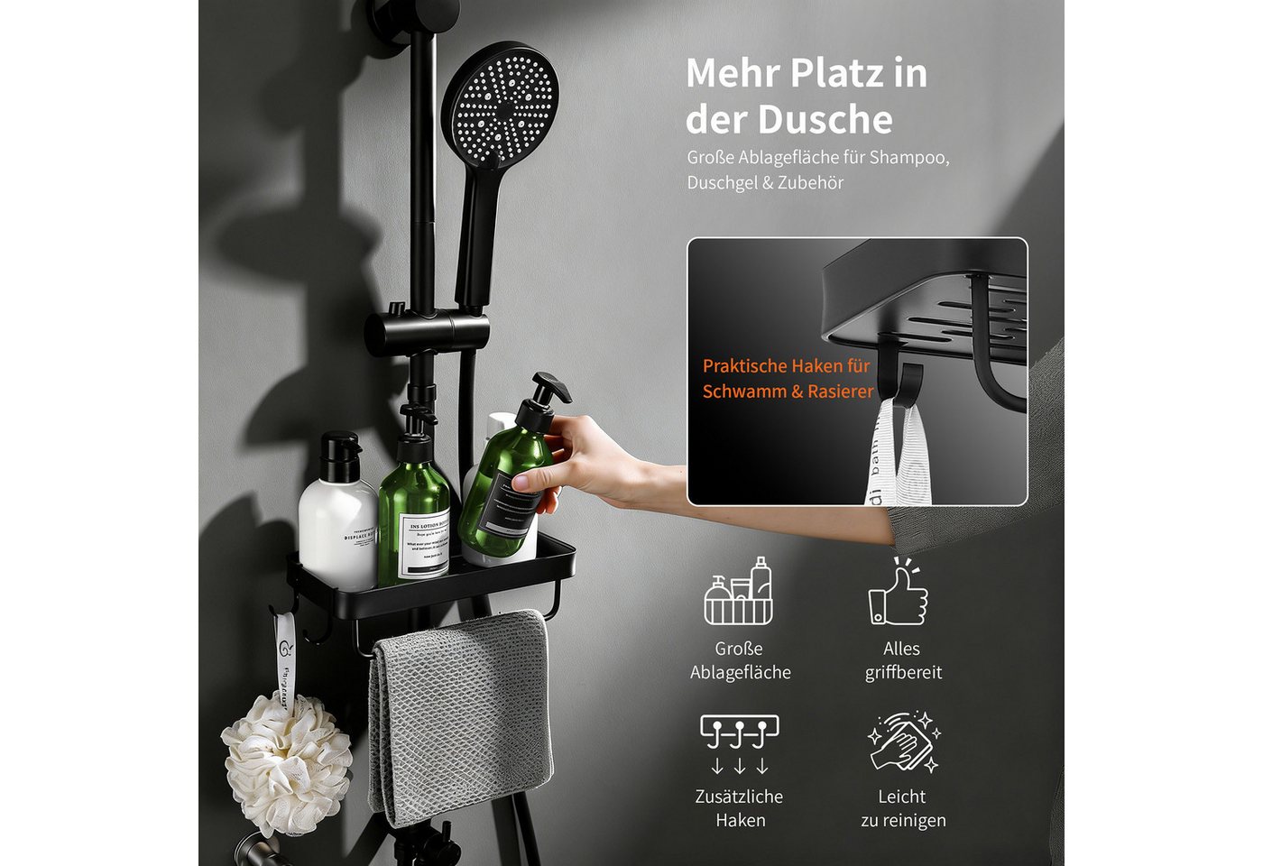 HOMELODY Duschsystem Regendusche 30 cm mit Ablage Handbrause 5 Funktionen Schwarz, Duschset Edelstahl Umsteller höhenverstellbar PVC Schlauch ohne Bohren