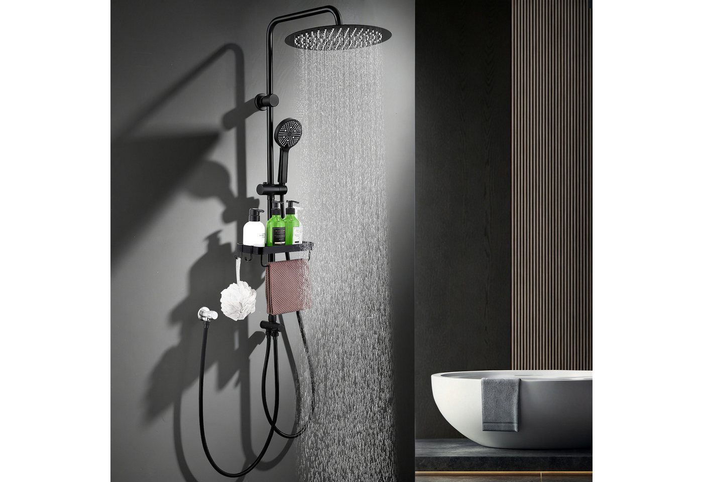 HOMELODY Duschsystem Regendusche 30 cm mit Ablage Handbrause 5 Funktionen Schwarz, Duschset Edelstahl Umsteller höhenverstellbar PVC Schlauch ohne Bohren Bild 3
