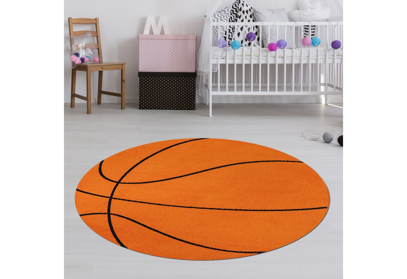 TeppichHome24 Kinderteppich Runder Basketball Teppich für Kinderzimmer in Orange Schwarz, Rund Bild 5