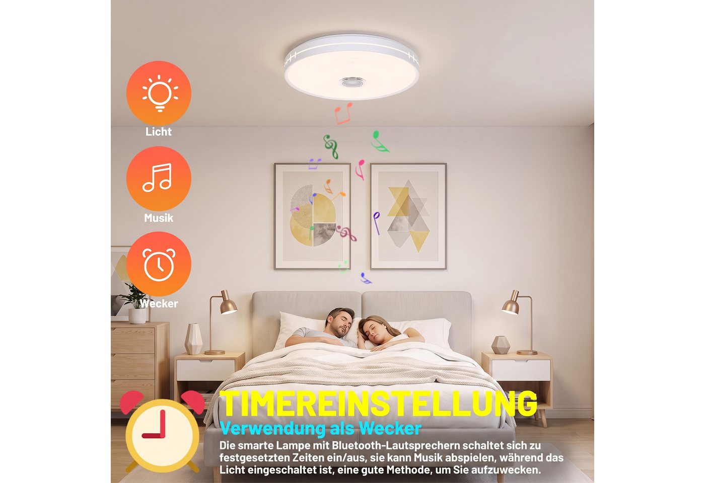 oyajia Deckenleuchte 55W Smart LED Deckenleuchte RGB Dimmbar mit Bluetooth Lautsprecher, LED fest integriert, Kaltweiß+Naturweiß+Warmweiß+RGB, RGB Deckenleuchte mit Fernbedienung und APP-Steuerung für Schlafzimmer