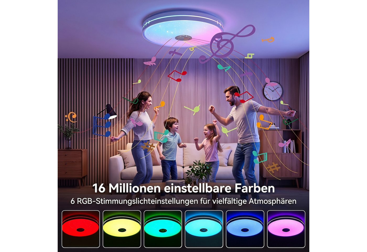 oyajia Deckenleuchte 55W Smart LED Deckenleuchte RGB Dimmbar mit Bluetooth Lautsprecher, LED fest integriert, Kaltweiß+Naturweiß+Warmweiß+RGB, RGB Deckenleuchte mit Fernbedienung und APP-Steuerung für Schlafzimmer Bild 2