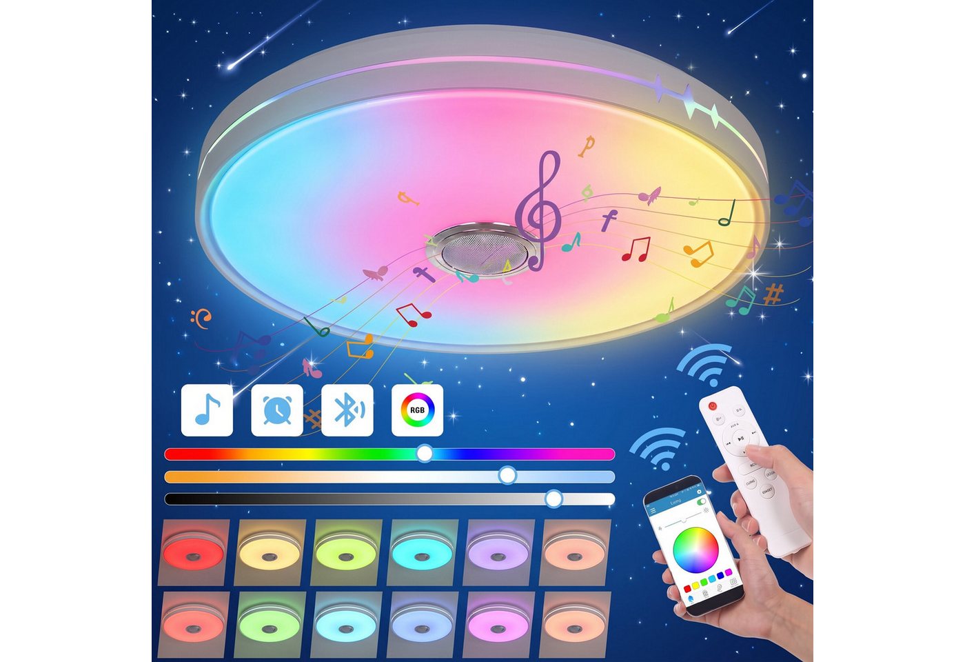 oyajia Deckenleuchte 55W Smart LED Deckenleuchte RGB Dimmbar mit Bluetooth Lautsprecher, LED fest integriert, Kaltweiß+Naturweiß+Warmweiß+RGB, RGB Deckenleuchte mit Fernbedienung und APP-Steuerung für Schlafzimmer Bild 3