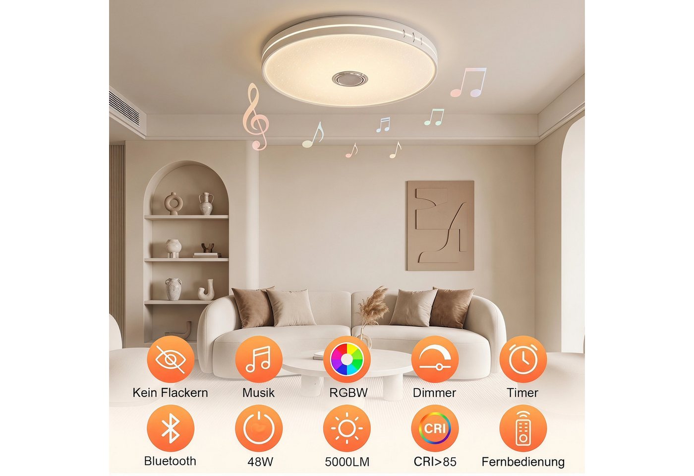 oyajia Deckenleuchte 55W Smart LED Deckenleuchte RGB Dimmbar mit Bluetooth Lautsprecher, LED fest integriert, Kaltweiß+Naturweiß+Warmweiß+RGB, RGB Deckenleuchte mit Fernbedienung und APP-Steuerung für Schlafzimmer Bild 4
