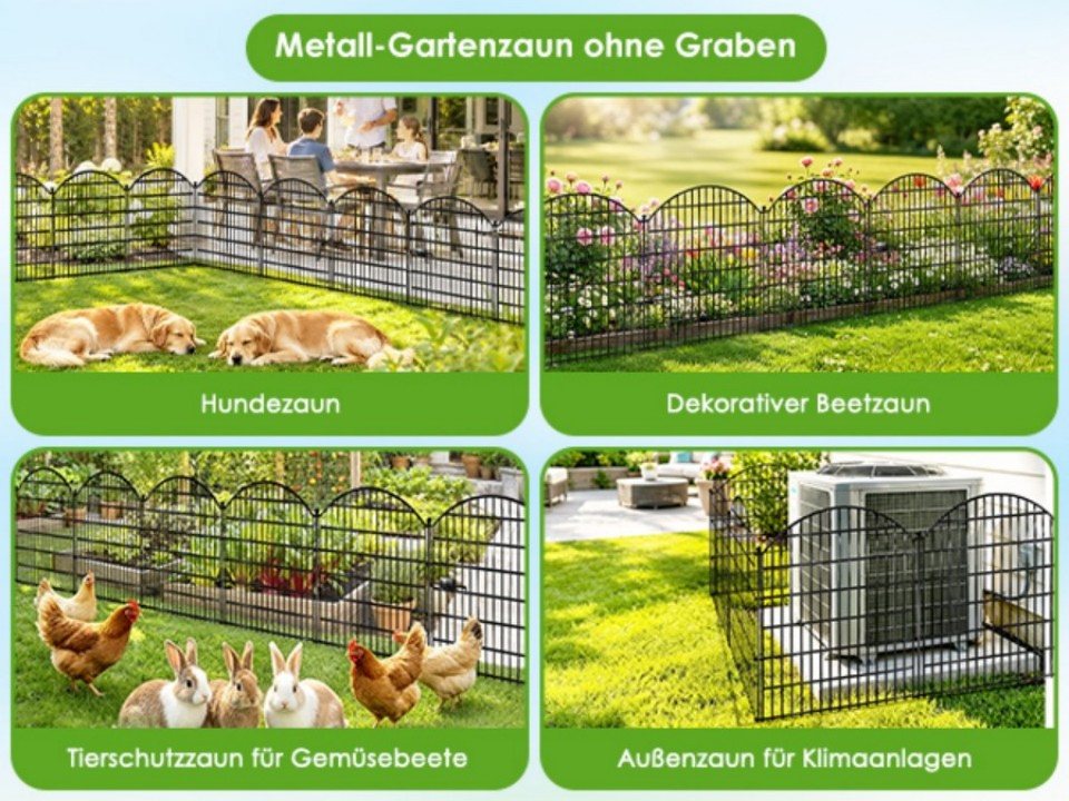 BlingBin Gartenzaun Metall Beetzaun, 5 Paneele H 112x68 cm, Gesamtlänge 3,5 m, (5er Set, 5-St., Zaunelement: ca. 68 × 78 cm Steckpfosten: ca. 98 cm Länge), Beeteinfassung zum Einstecken, Schutzzaun für Blumenbeet & Hunde Bild 4