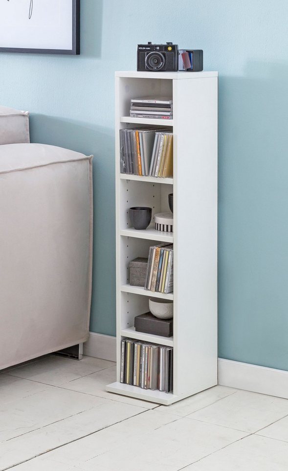Wohnling CD-Regal WL5.836 WL5.836 Holz 21x90x20cm Modern Bücherregal 6 Fächer Standrega, 21x90x20 cm, Offenes Bücherregal Schmal Weiß, CD Aufbewahrung Klein, Nischenregal 6 Fächer