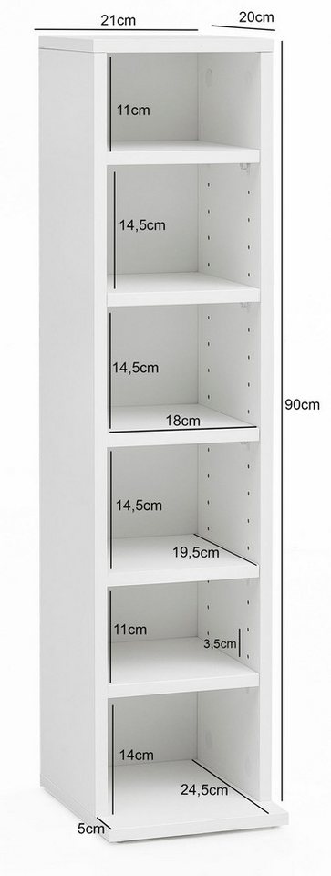 Wohnling CD-Regal WL5.836 WL5.836 Holz 21x90x20cm Modern Bücherregal 6 Fächer Standrega, 21x90x20 cm, Offenes Bücherregal Schmal Weiß, CD Aufbewahrung Klein, Nischenregal 6 Fächer Bild 2