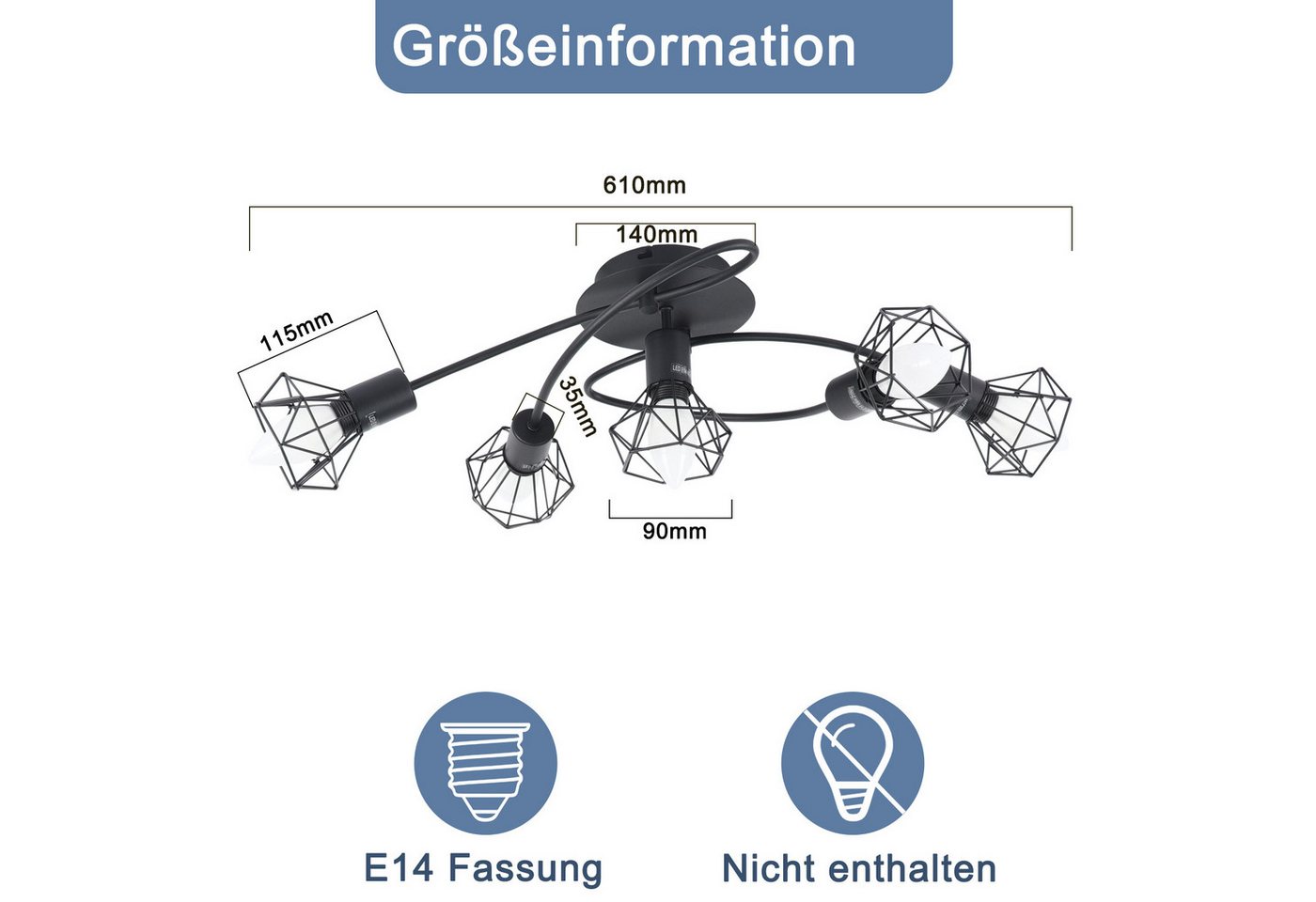 Nettlife Deckenstrahler Vintage Schwarz 5-flammig E14 Industrie Deckenleuchte, Schwenkbar 350°, LED wechselbar, drehbar für Wohnzimmer Flur Esszimmer und weitere Wohnräume Bild 5