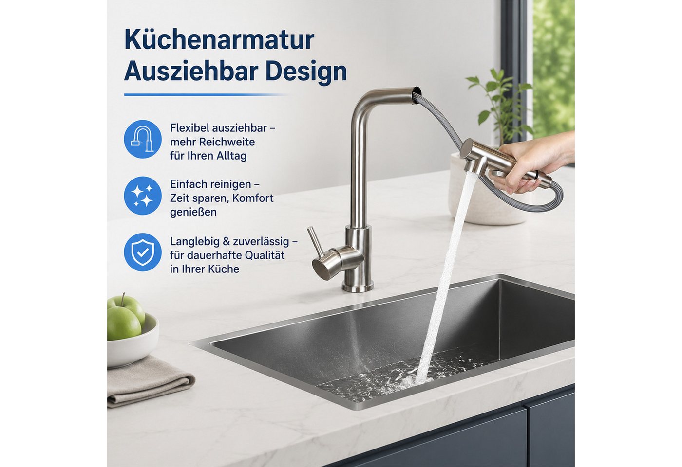 Ledklang Spültischarmatur Edelstahl 360° drehbar Ausziehbarer Brause 2 Strahlarten Küchenarmatur (1-St) für Einhebelmischer Mischbatterie Wasserhahn Küche