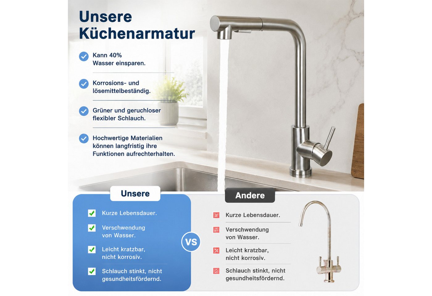 Ledklang Spültischarmatur Edelstahl 360° drehbar Ausziehbarer Brause 2 Strahlarten Küchenarmatur (1-St) für Einhebelmischer Mischbatterie Wasserhahn Küche Bild 4