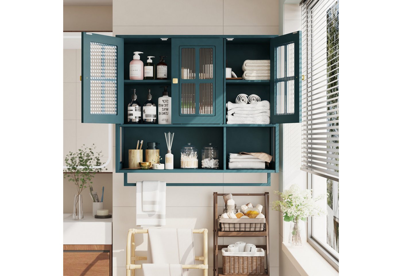Celya Hängeschrank Badezimmer-Wandschrank, 3-türiger Wandschrank aus Holz (Medikamentenschrank mit Glastür und Handtuchhalter) mit offenem und verdecktem Stauraum,Dunkelgrün Bild 4