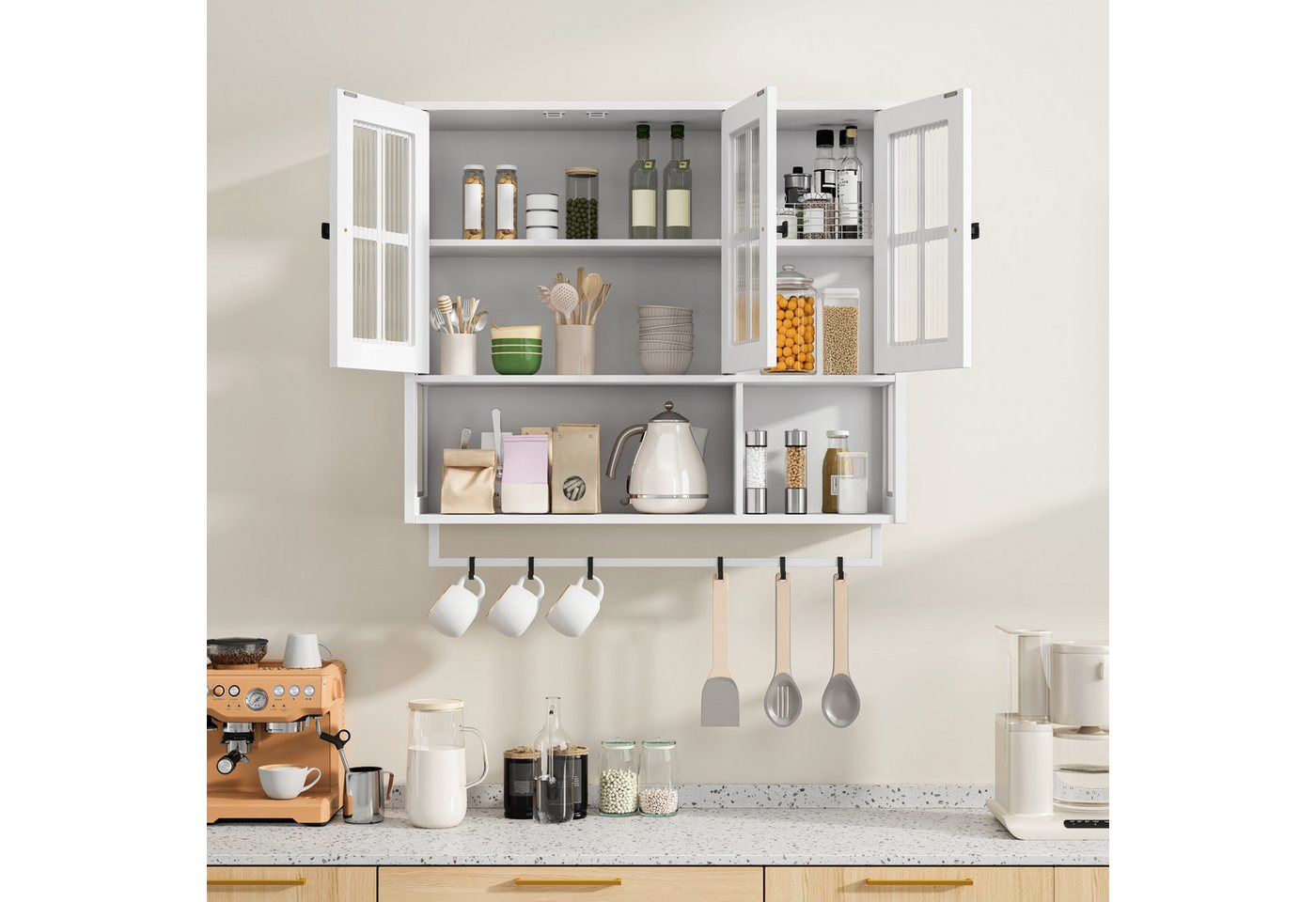 Celya Hängeschrank Badezimmer-Wandschrank, 3-türiger Wandschrank aus Holz (für Flur, Wohnzimmer, Badezimmer, Esszimmer, Weiß, Medikamentenschrank mit Glastür und Handtuchhalter) mit offenem und verdecktem Stauraum