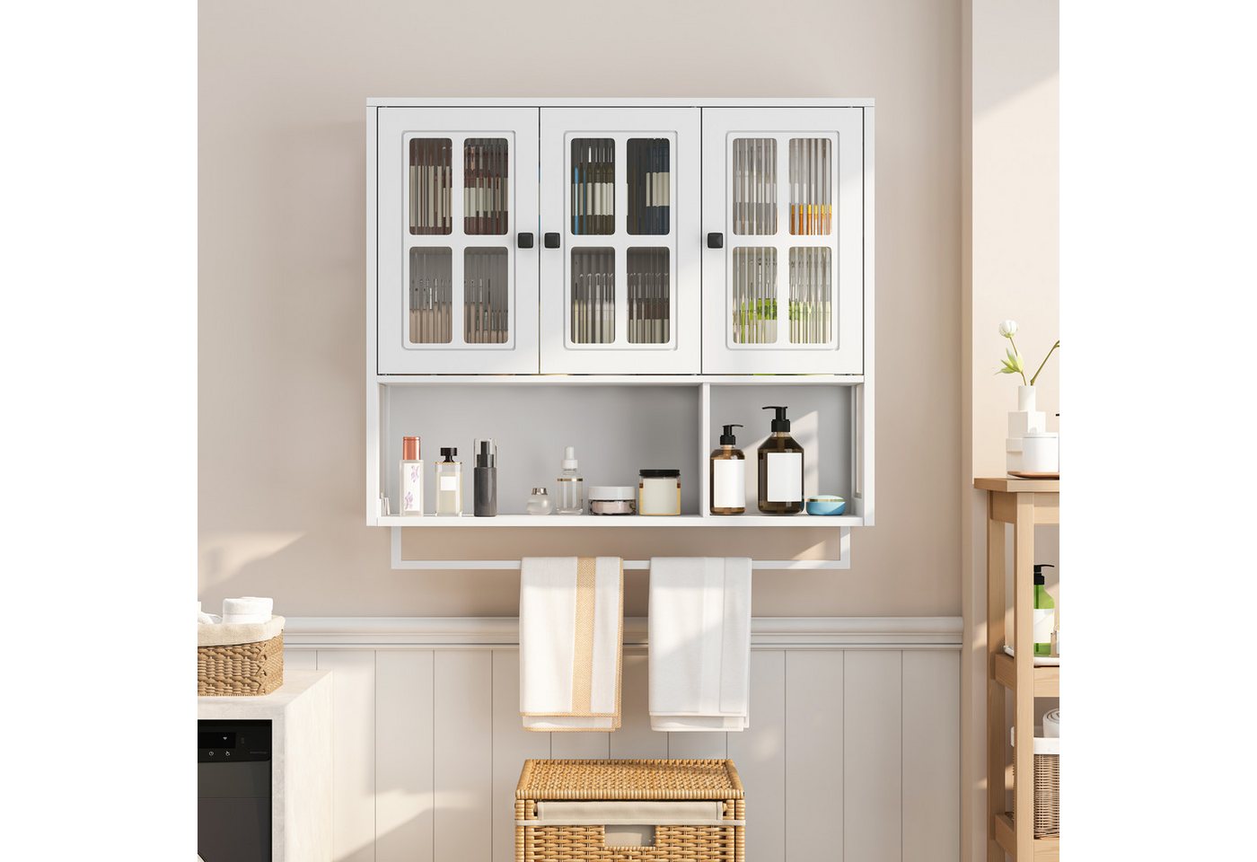 Celya Hängeschrank Badezimmer-Wandschrank, 3-türiger Wandschrank aus Holz (für Flur, Wohnzimmer, Badezimmer, Esszimmer, Weiß, Medikamentenschrank mit Glastür und Handtuchhalter) mit offenem und verdecktem Stauraum Bild 3