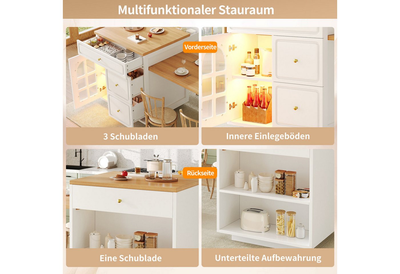 Odikalo Kücheninsel mit LED Schubladen & Ausziehbare Tischplatte, (122,5-195,5cm Länge verstellbar, Holzmaserung mit Glasvitrine, Vielseitige Thekeninsel für Küche, Esszimmer & Bartresen)