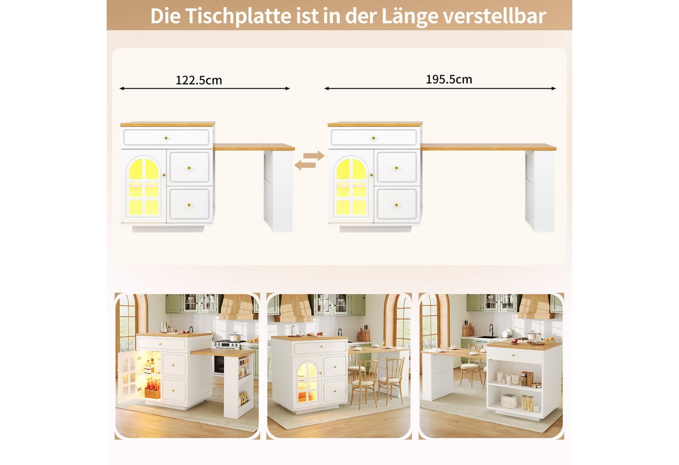 Odikalo Kücheninsel mit LED Schubladen & Ausziehbare Tischplatte, (122,5-195,5cm Länge verstellbar, Holzmaserung mit Glasvitrine, Vielseitige Thekeninsel für Küche, Esszimmer & Bartresen) Bild 2