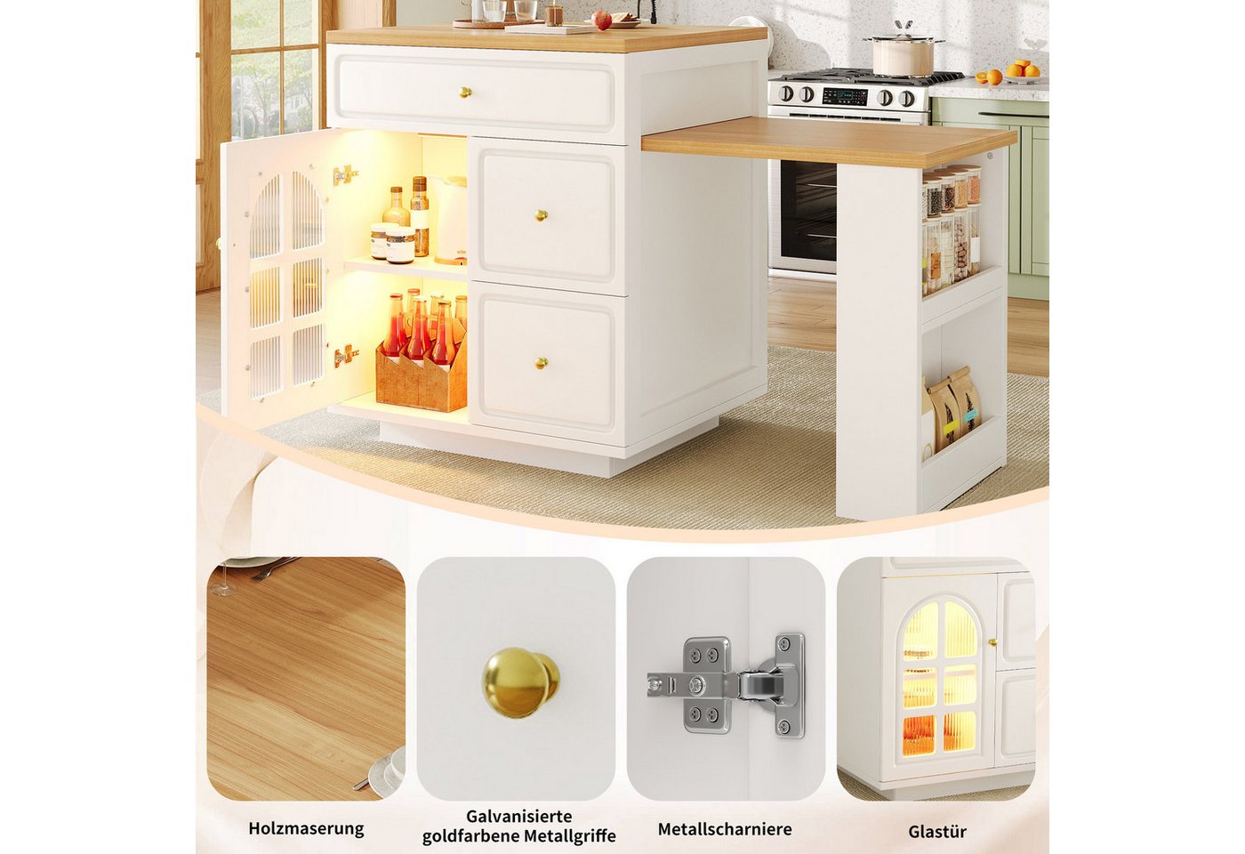 Odikalo Kücheninsel mit LED Schubladen & Ausziehbare Tischplatte, (122,5-195,5cm Länge verstellbar, Holzmaserung mit Glasvitrine, Vielseitige Thekeninsel für Küche, Esszimmer & Bartresen) Bild 3