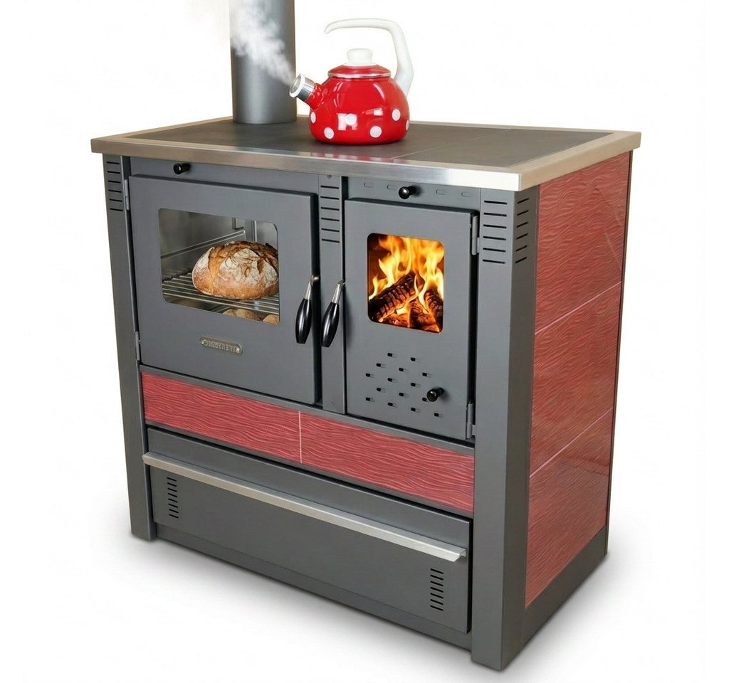 ProTermo Festbrennstoffherd PANONIA Kacheln bordeaux, linke Version, 8,5 kW