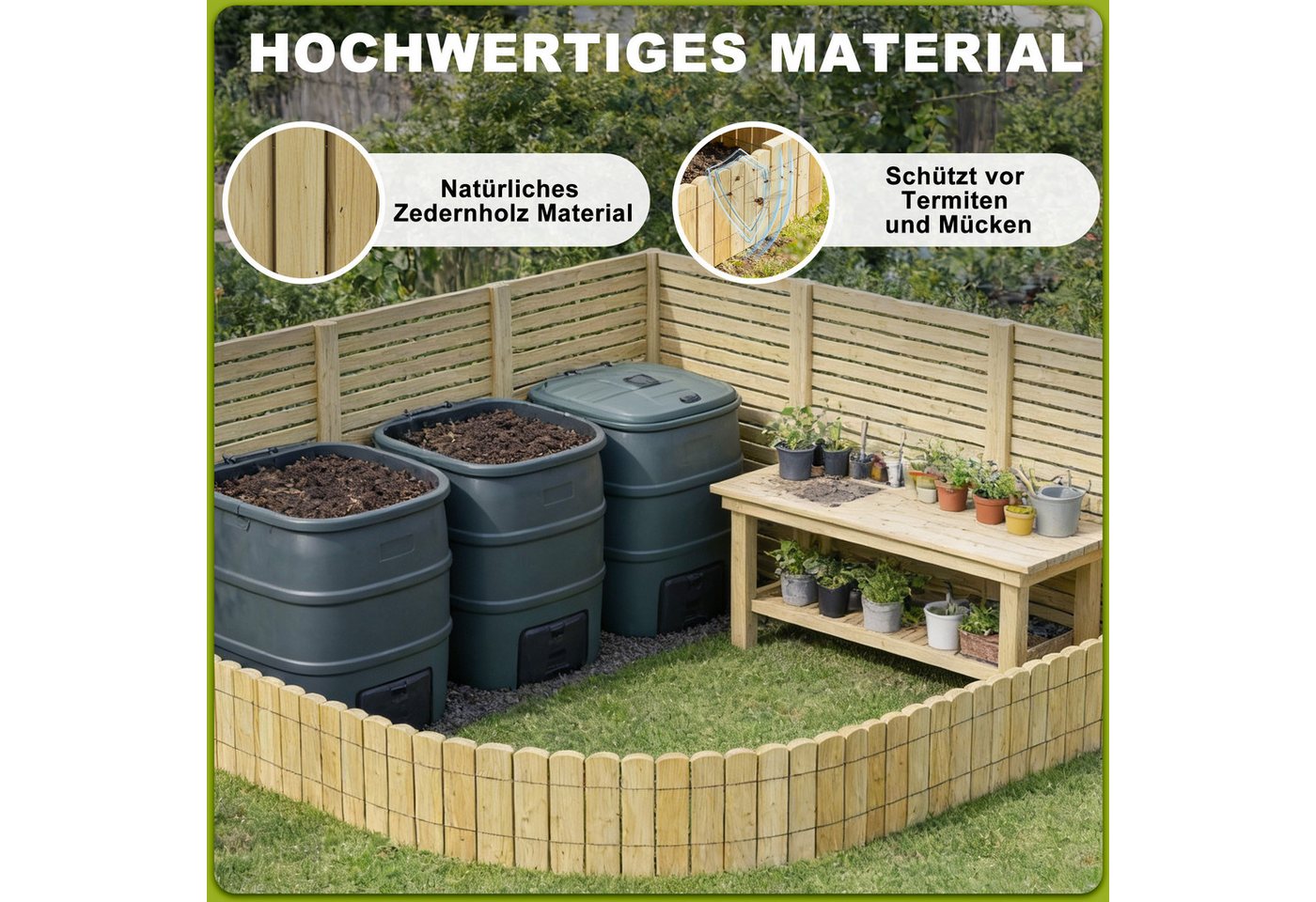 FIVMEN Holzzaun Flexibler Rasenkanten Beeteinfassung Beetumrandung in Holz Gartenzaun, (10/20/30/40 cm Hoch), Rollboarder Rasenbleche 200 cm Länge Anthrazit/Holzfarbe Bild 2