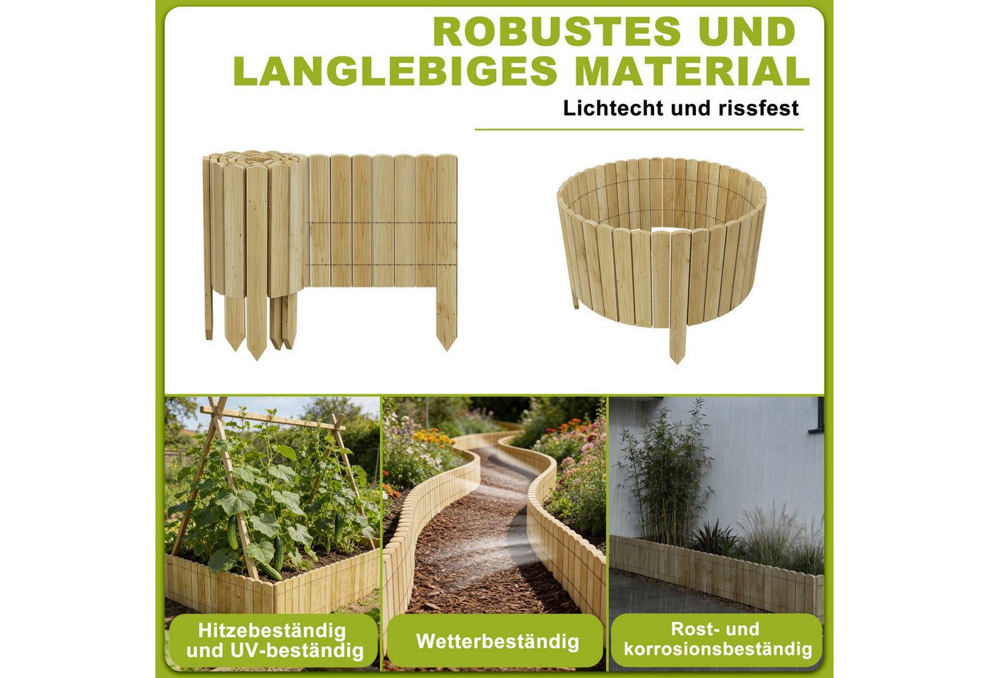 FIVMEN Holzzaun Flexibler Rasenkanten Beeteinfassung Beetumrandung in Holz Gartenzaun, (10/20/30/40 cm Hoch), Rollboarder Rasenbleche 200 cm Länge Anthrazit/Holzfarbe Bild 4