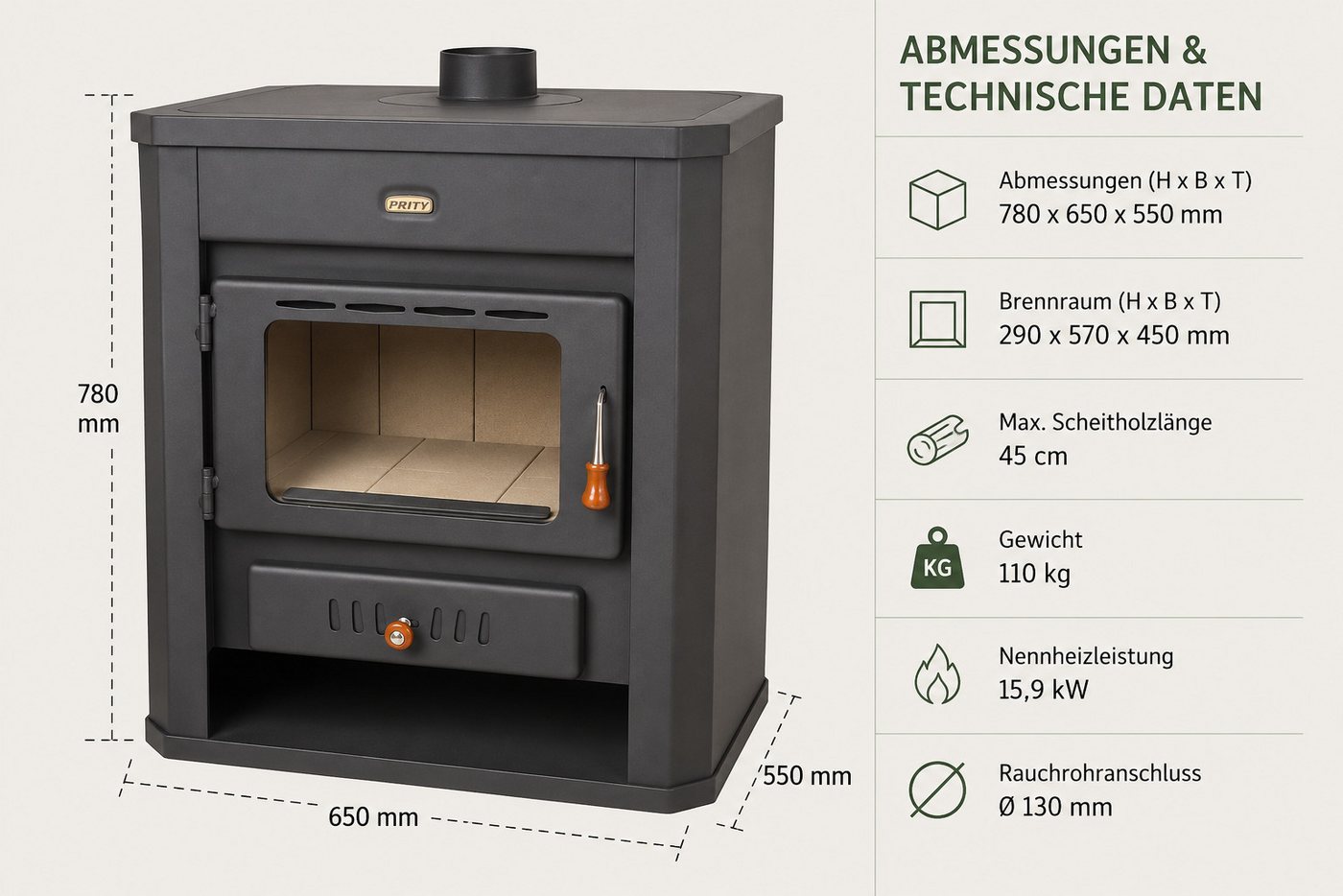 Prity Kaminofen Prity WD Kaminofen 15,9 kW Holzofen BImSchV2 Scheitholz 45 cm, 16 kW Bild 2