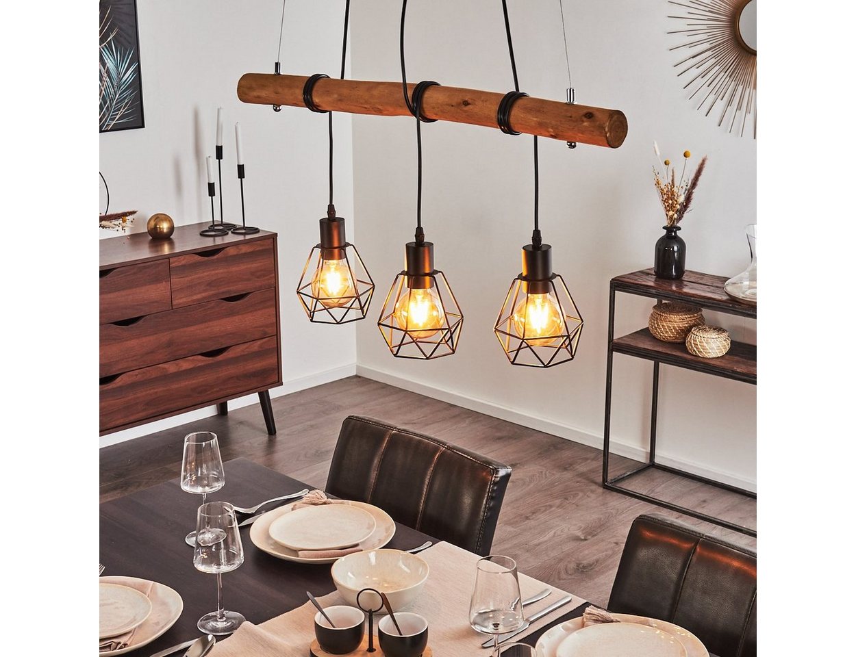 hofstein Pendelleuchte »Porzus« 3-flammige Hängelampe aus Metall/Holz in Schwarz/Braun, ohne Leuchtmittel, Hängeleuchte m. Holzstab u. gitterförmigen Schirmen, 3x E27 Bild 3