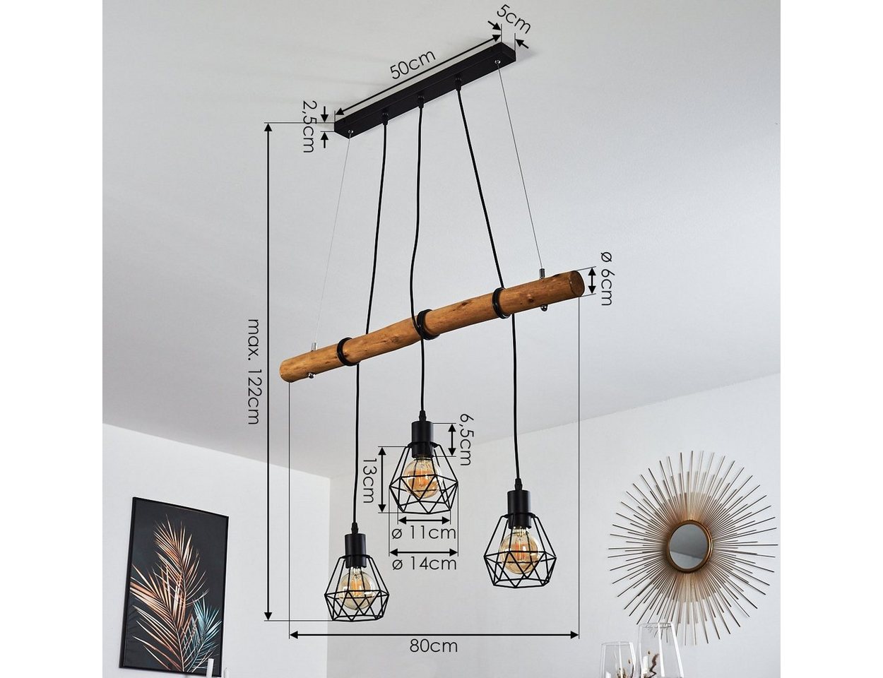 hofstein Pendelleuchte »Porzus« 3-flammige Hängelampe aus Metall/Holz in Schwarz/Braun, ohne Leuchtmittel, Hängeleuchte m. Holzstab u. gitterförmigen Schirmen, 3x E27 Bild 5