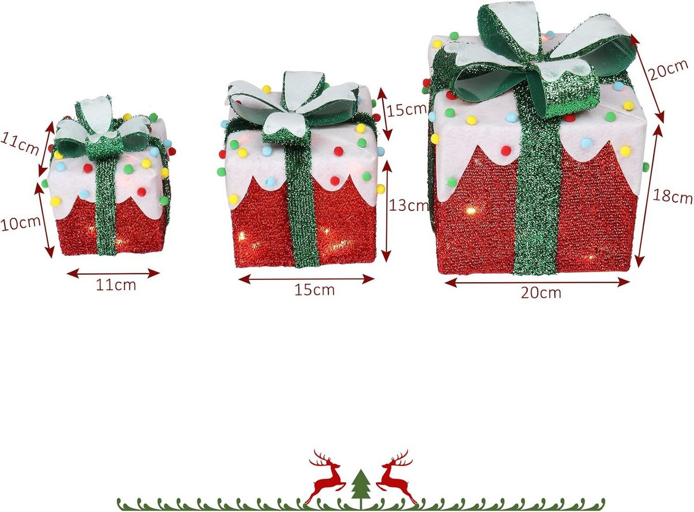 LALAHO LED Dekolicht LED Geschenkbox Weihnachtsdeko 3er Set, mit 60 warmweißen LEDs Weihnachtsdeko beleuchtete 18/13/10 cm