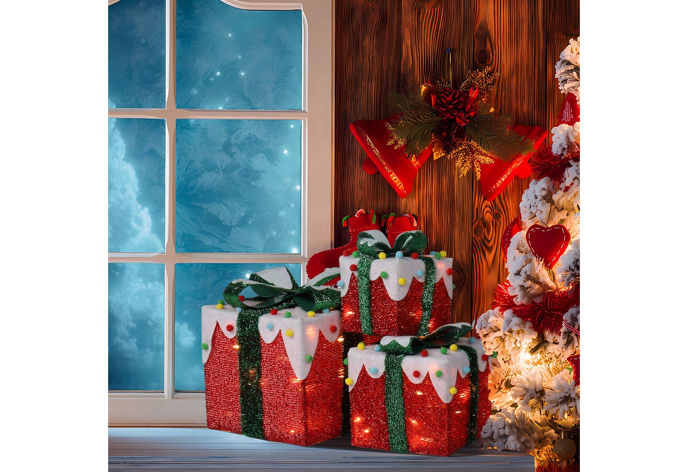 LALAHO LED Dekolicht LED Geschenkbox Weihnachtsdeko 3er Set, mit 60 warmweißen LEDs Weihnachtsdeko beleuchtete 18/13/10 cm Bild 2