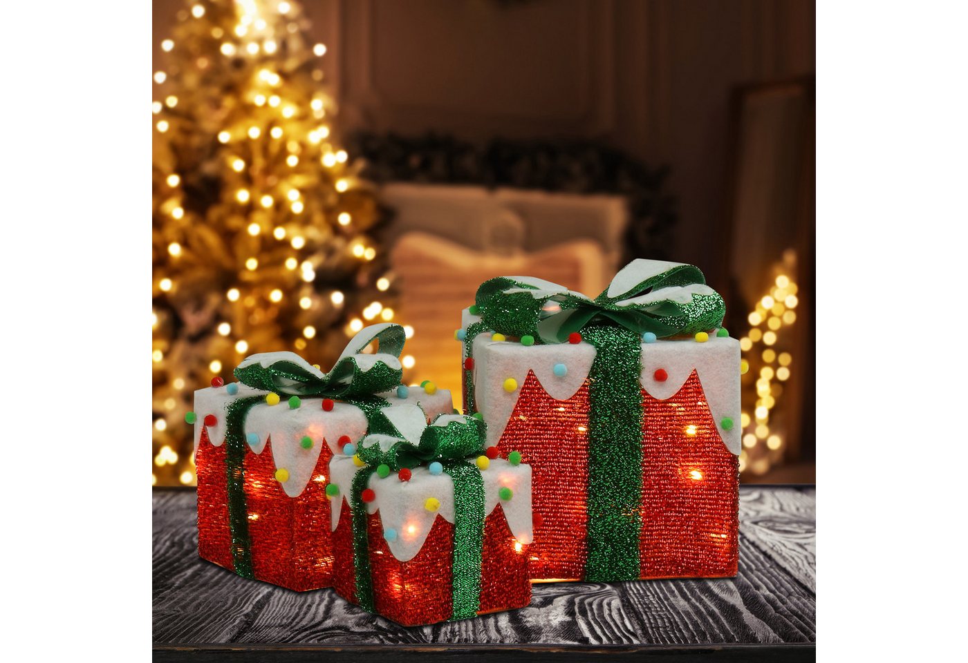 LALAHO LED Dekolicht LED Geschenkbox Weihnachtsdeko 3er Set, mit 60 warmweißen LEDs Weihnachtsdeko beleuchtete 18/13/10 cm Bild 3