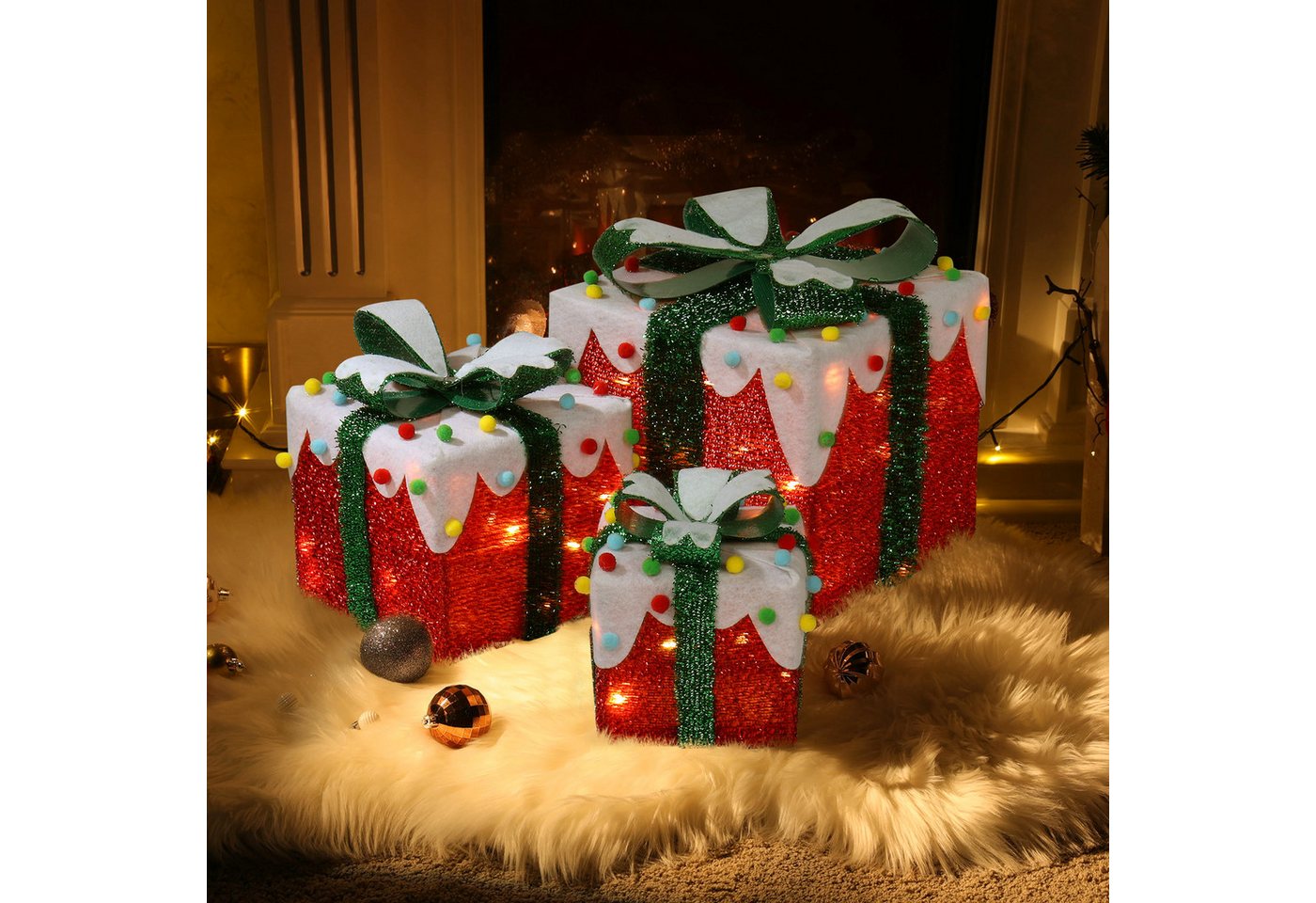 LALAHO LED Dekolicht LED Geschenkbox Weihnachtsdeko 3er Set, mit 60 warmweißen LEDs Weihnachtsdeko beleuchtete 18/13/10 cm Bild 4