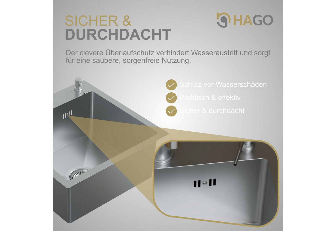 HAGO Edelstahlspüle Einbauspüle Edelstahl Küchenspüle Spülbecken Eckig Ablaufgarnitur Set, Rechteckig, 45/45 cm, (1 St), Schallschutzmatten Bild 2