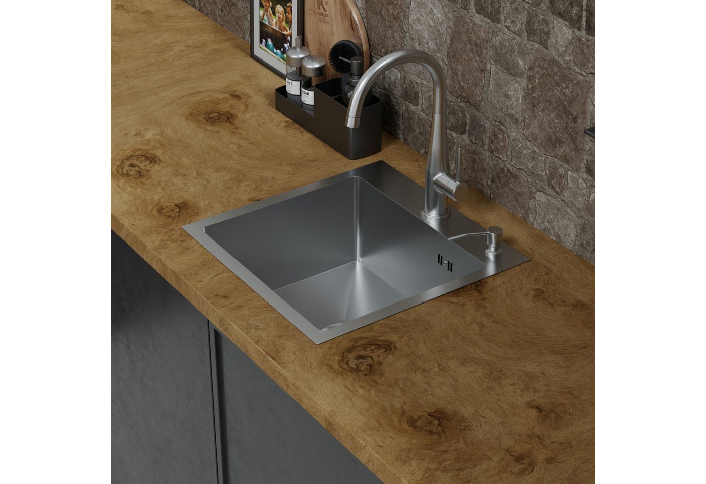 HAGO Edelstahlspüle Einbauspüle Edelstahl Küchenspüle Spülbecken Eckig Ablaufgarnitur Set, Rechteckig, 45/45 cm, (1 St), Schallschutzmatten Bild 3
