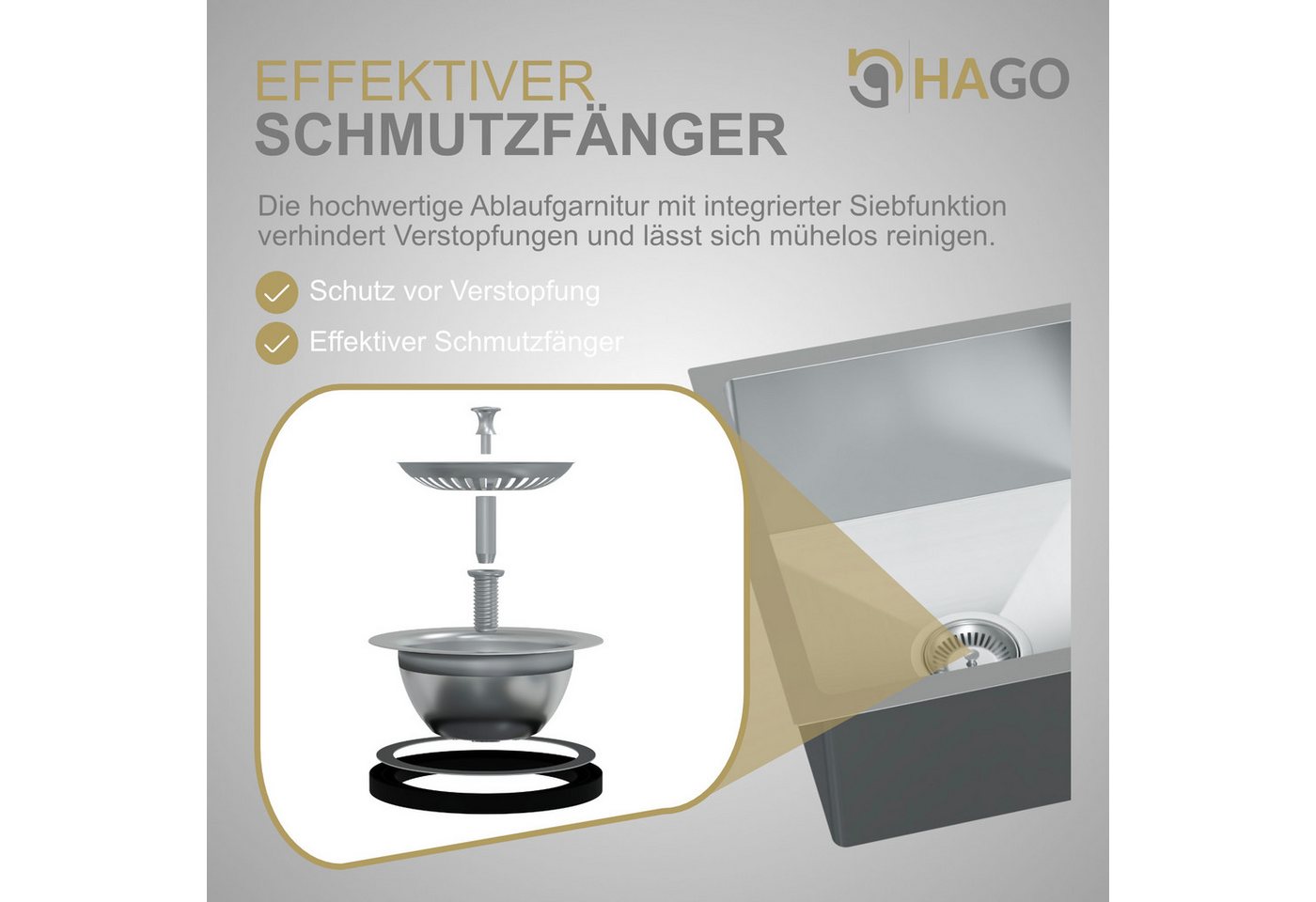 HAGO Edelstahlspüle Einbauspüle Edelstahl Küchenspüle Spülbecken Eckig Ablaufgarnitur Set, Rechteckig, 45/45 cm, (1 St), Schallschutzmatten Bild 5