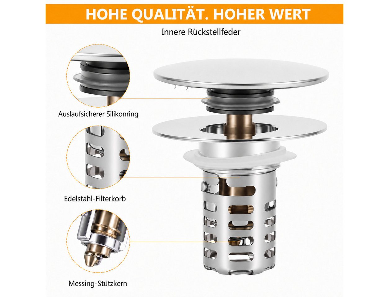 BlingBin Ablaufgarnitur Waschbeckenstöpsel Pop Up Edelstahl Abflusssieb (waschtisch ablauf, 1-St., 1tlg) Ablaufventil Ø60 mm mit Filterkorb aus Edelstahl und Messing Bild 3