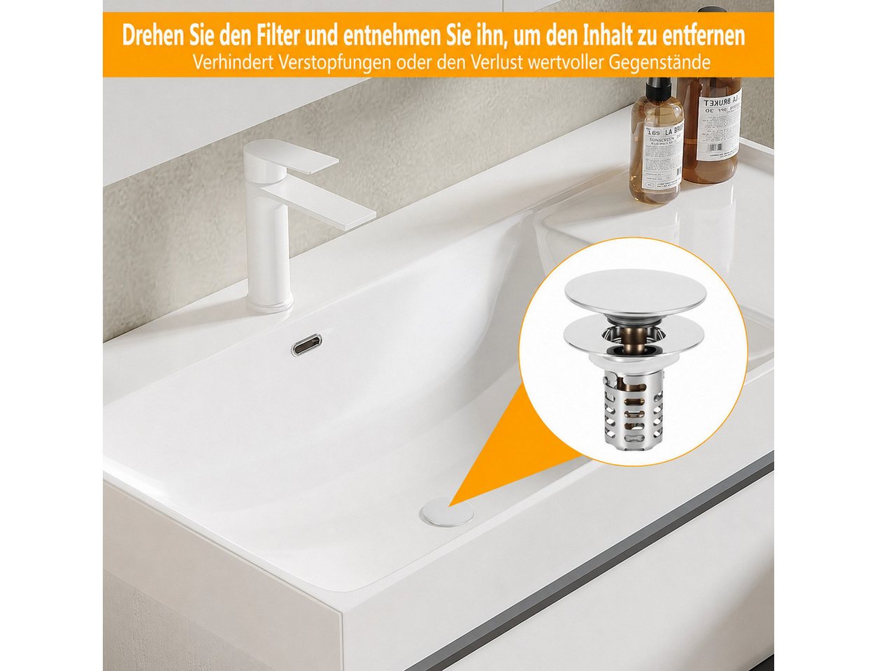 BlingBin Ablaufgarnitur Waschbeckenstöpsel Pop Up Edelstahl Abflusssieb (waschtisch ablauf, 1-St., 1tlg) Ablaufventil Ø60 mm mit Filterkorb aus Edelstahl und Messing Bild 5