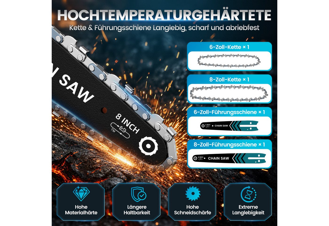 Bundviel Akku-Kettensäge 6+8 Zoll Elektro-Kettensäge 880W Bürstenloser Handkettensäge, Set, 2*2 AH akkus, 2 Führungsstange+2 Sägekette, Mehrfacher Sicherheitsschutz, für Garten Holz und Astscheren Bild 2
