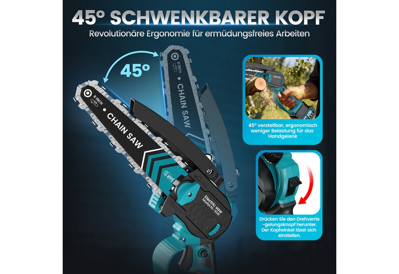 Bundviel Akku-Kettensäge 6+8 Zoll Elektro-Kettensäge 880W Bürstenloser Handkettensäge, Set, 2*2 AH akkus, 2 Führungsstange+2 Sägekette, Mehrfacher Sicherheitsschutz, für Garten Holz und Astscheren Bild 3