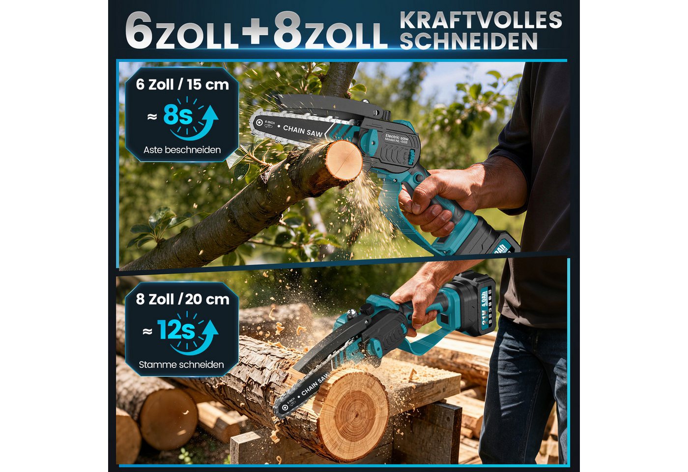 Bundviel Akku-Kettensäge 6+8 Zoll Elektro-Kettensäge 880W Bürstenloser Handkettensäge, Set, 2*2 AH akkus, 2 Führungsstange+2 Sägekette, Mehrfacher Sicherheitsschutz, für Garten Holz und Astscheren Bild 4