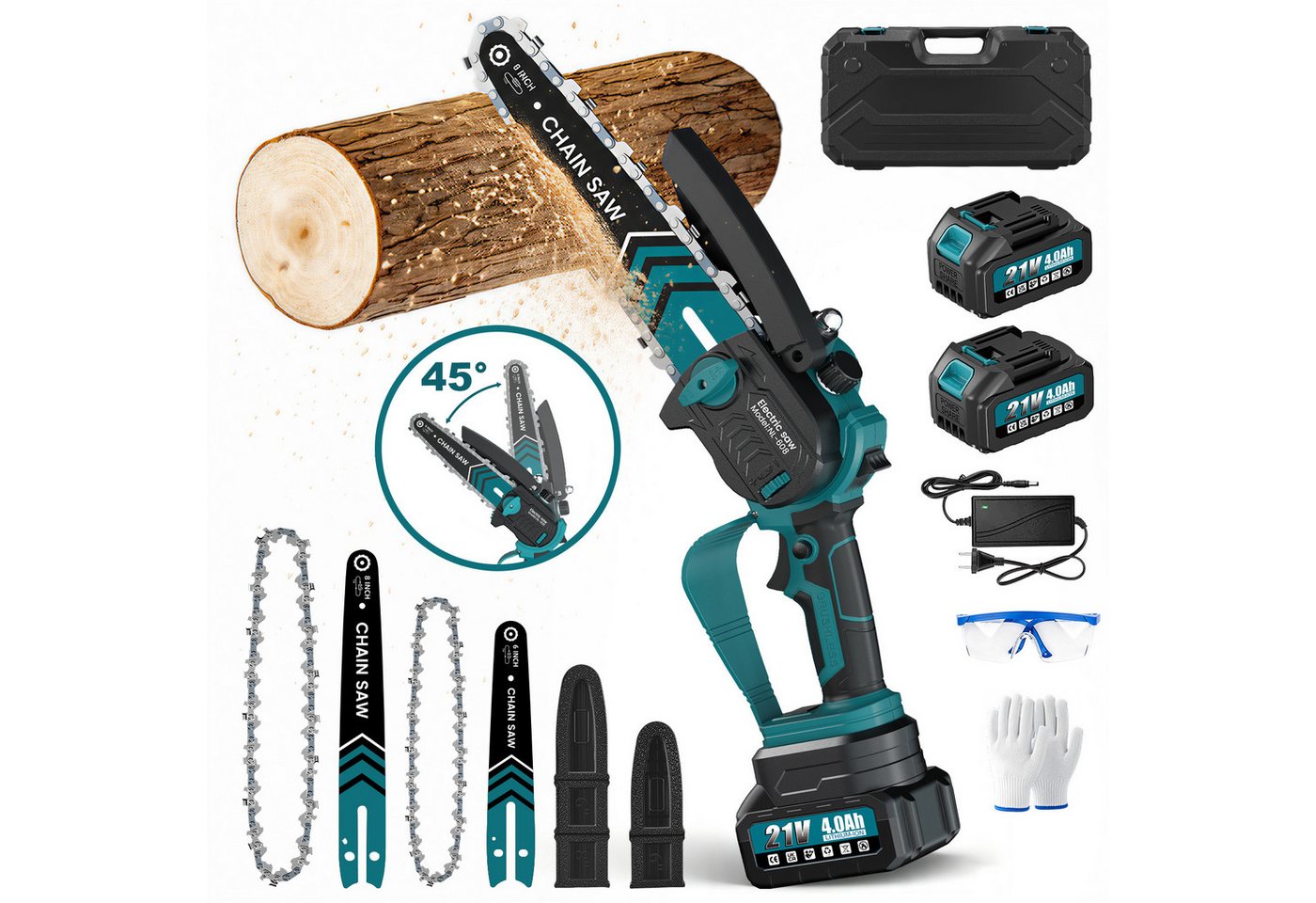 Bundviel Akku-Kettensäge 6+8 Zoll Elektro-Kettensäge 880W Bürstenloser Handkettensäge, Set, 2*2 AH akkus, 2 Führungsstange+2 Sägekette, Mehrfacher Sicherheitsschutz, für Garten Holz und Astscheren Bild 5