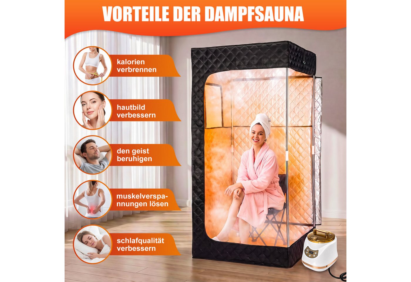 oyajia Sauna Dampfsauna für Zuhause mit 1500 W Dampfgenerator und 3 L Tank, (9 Wärmestufen und Timer für individuell einstellbaren Dampfkomfort, 90 × 90 × 180 cm Saunazelt mit Stuhl und Fernbedienung) Faltbares Home-Spa-Set mit Fußmatte und Fußmassagegerät Bild 5