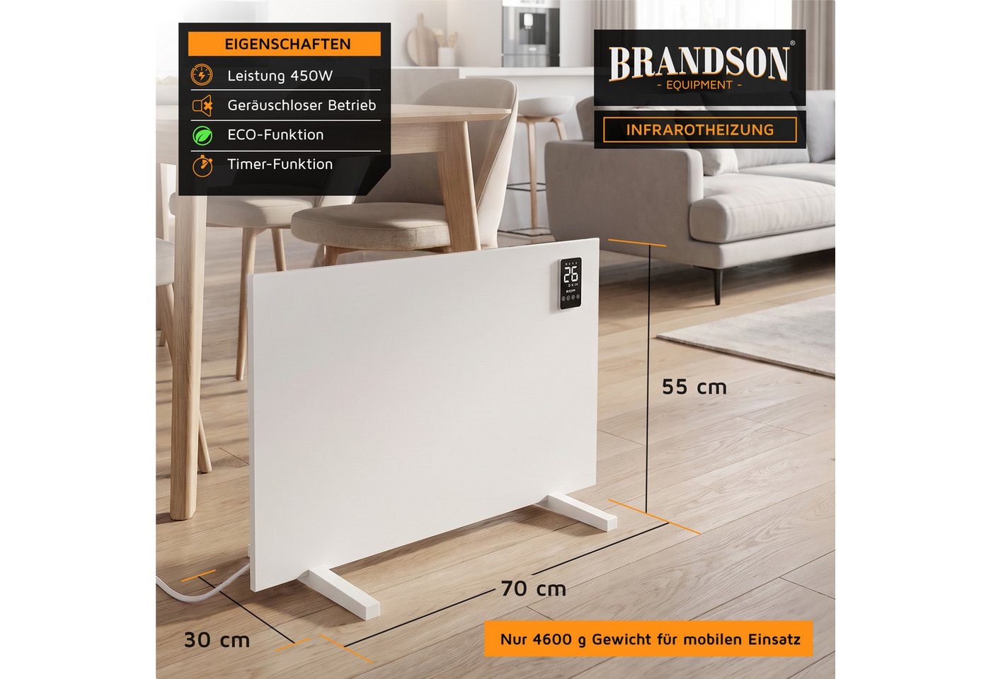 Brandson Infrarotheizung Infrarotheizung 450 W mit App, Fernbedienung & Trockengestell, Tuya & Alexa, Timer 1–24 h, ECO, Wand- oder Standmontage Bild 4