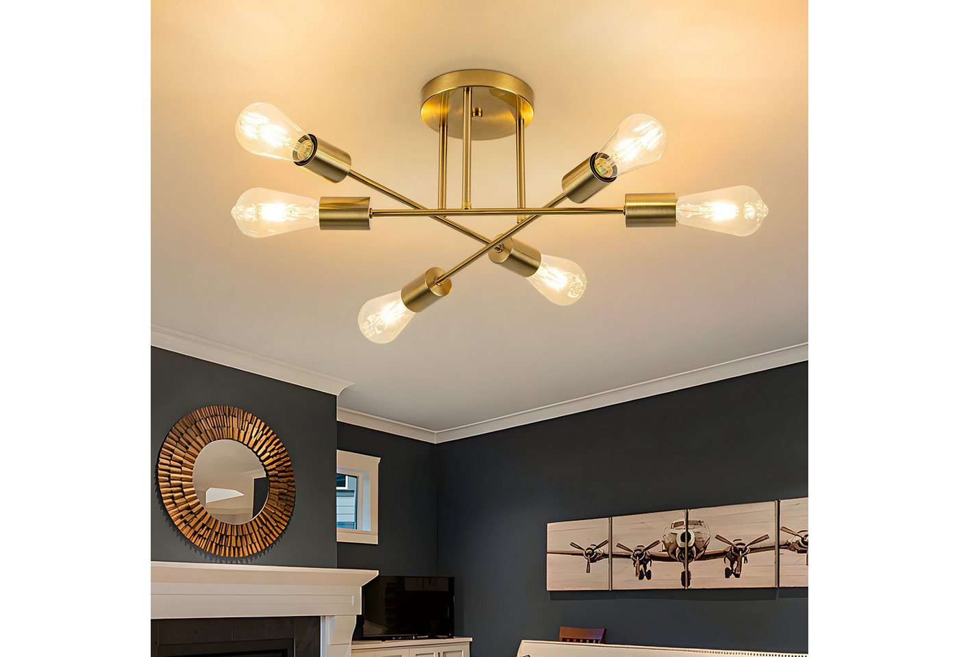 ZMH Deckenleuchte 4/6flammig E27 Retro-Kreuzdesign für Wohnzimmer, Esszimmer und Flur, Gold, LED wechselbar, Warmweiß, max. 25W, 45×45×15cm,vintage Bild 2