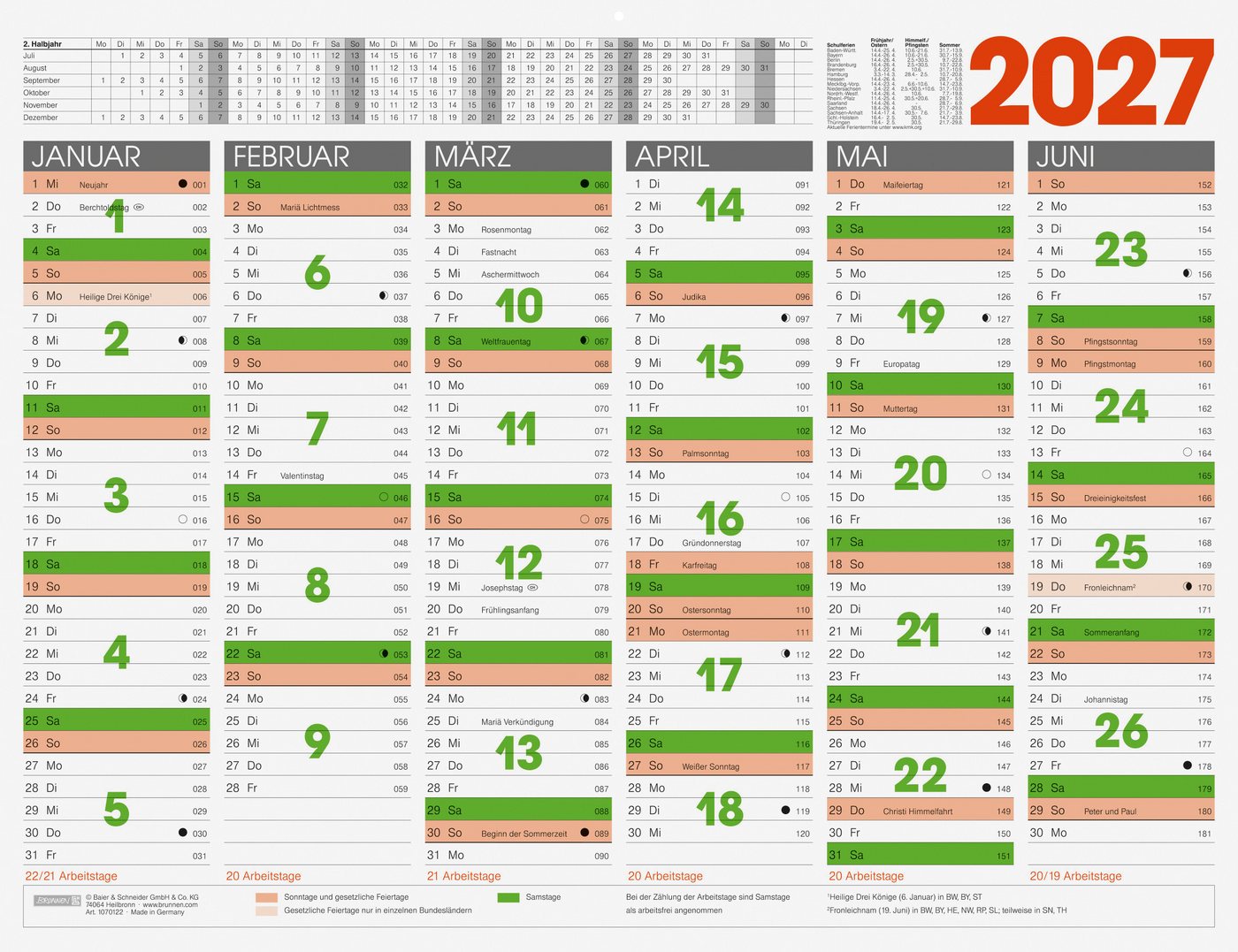 BRUNNEN Wandkalender 2027 BRUNNEN Tafelkalender 65x50cm 1S/6Monate