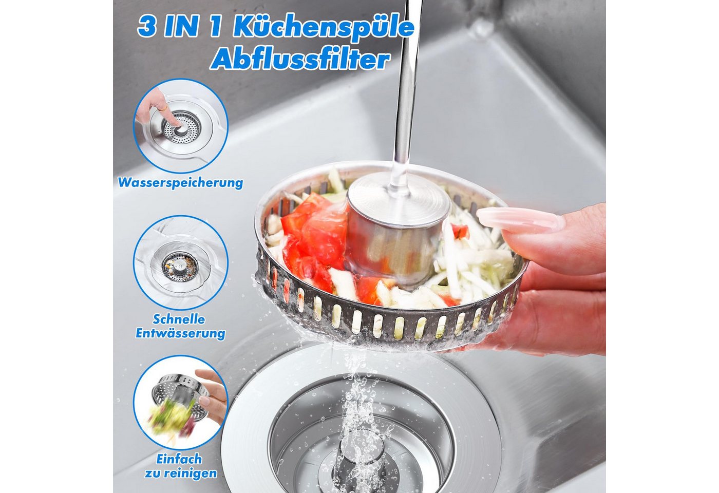 Coonoor Küchensieb Universal Siebkörbchen Abflusssieb Küchenspüle und Edelstahl, Waschbeckenstöpsel, 3-in-1 Pop-Up Edelstahl Abflussstopfen