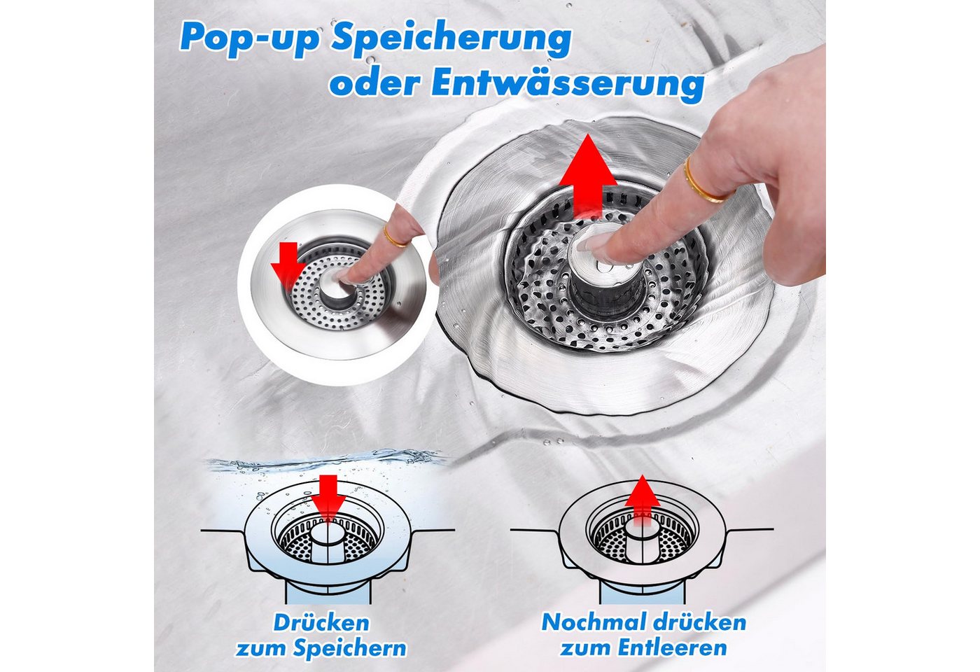 Coonoor Küchensieb Universal Siebkörbchen Abflusssieb Küchenspüle und Edelstahl, Waschbeckenstöpsel, 3-in-1 Pop-Up Edelstahl Abflussstopfen Bild 2