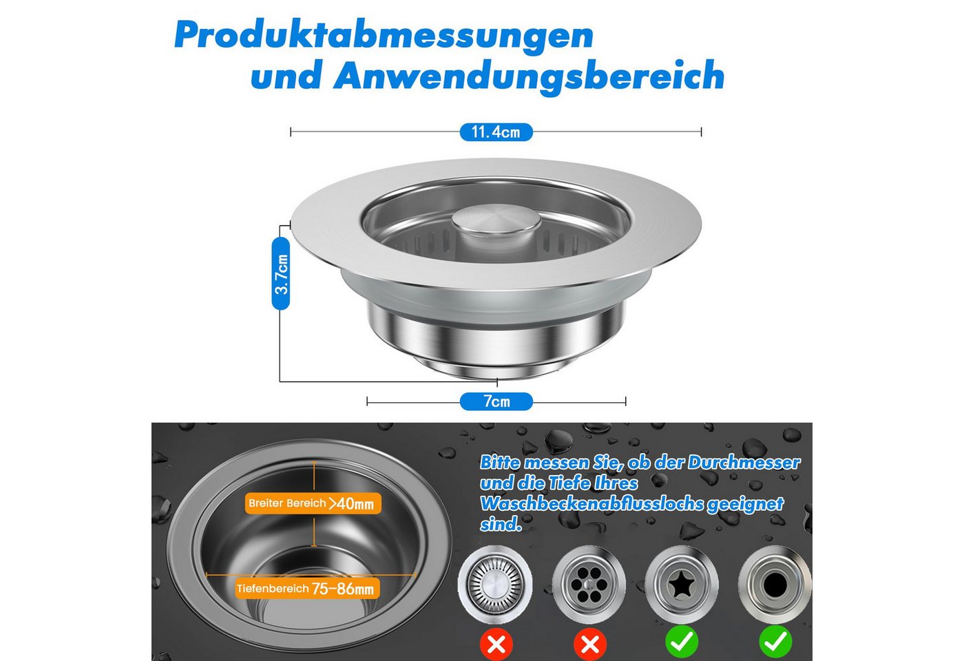 Coonoor Küchensieb Universal Siebkörbchen Abflusssieb Küchenspüle und Edelstahl, Waschbeckenstöpsel, 3-in-1 Pop-Up Edelstahl Abflussstopfen Bild 3